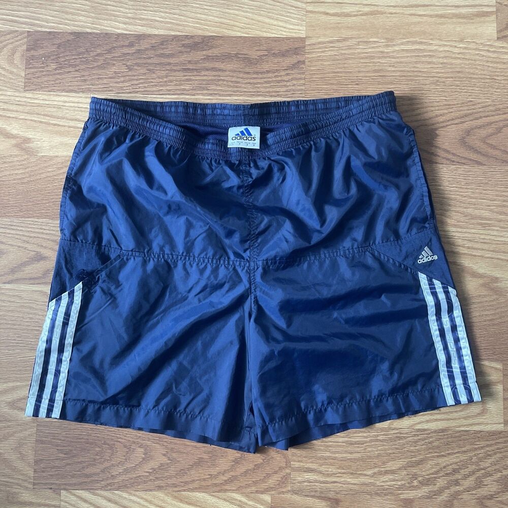 Vtg Retro 90s Adidas Nylon Beach Soccer Shorts - L Navy White 3 Stripe 4 pocket